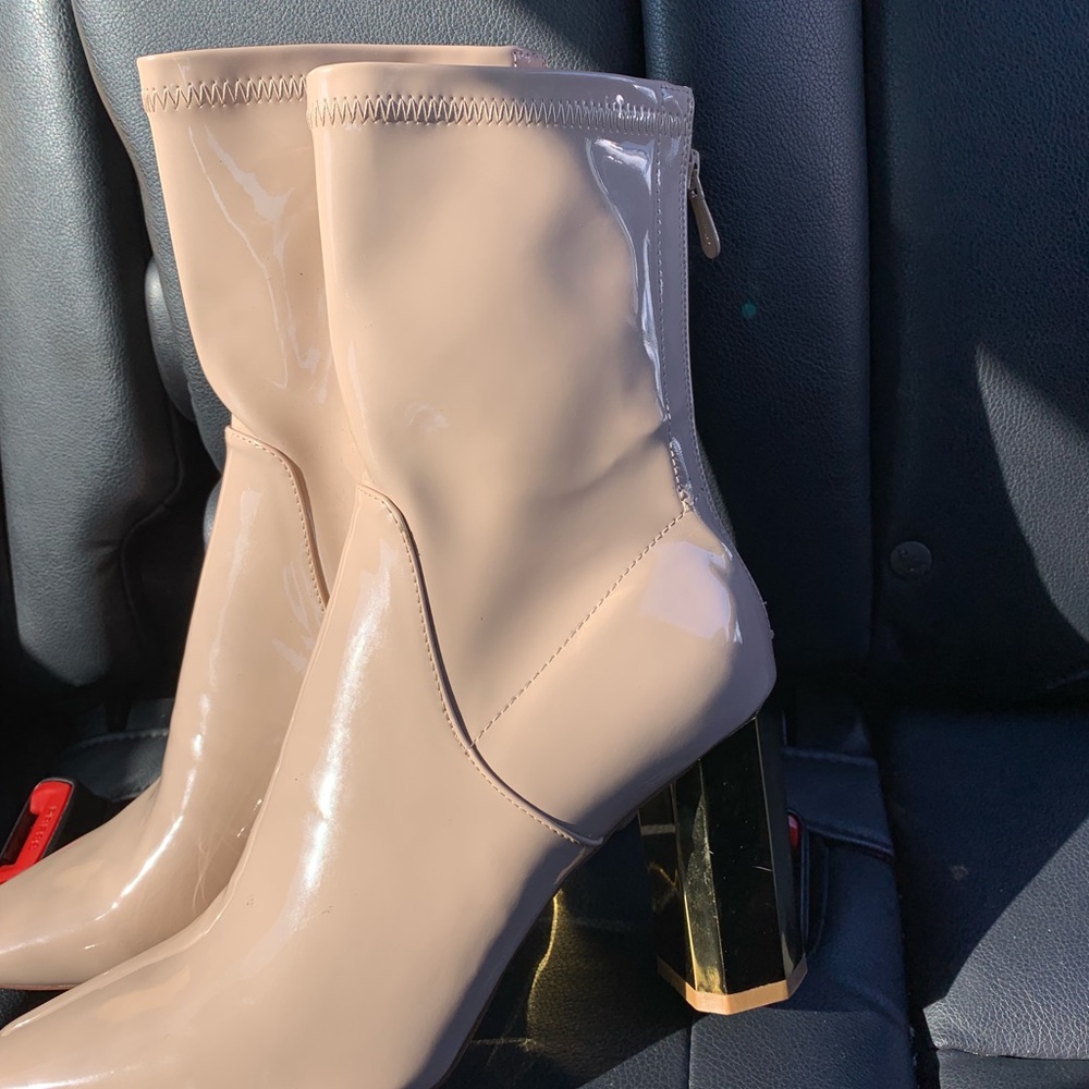 Blush pink vinyl faux leather sock boots